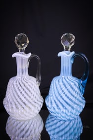 2 pc Lot Northwood Chrysanthemum Base Swirl Victorian Opalescent Glass Cruets