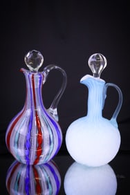 2 pc Lot Italian Latticino & Mother of Pearl Art Glass Cruets