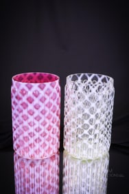 2 pc Lot Victorian Northwood Ribbed Lattice Opalescent Glass Celery Vases