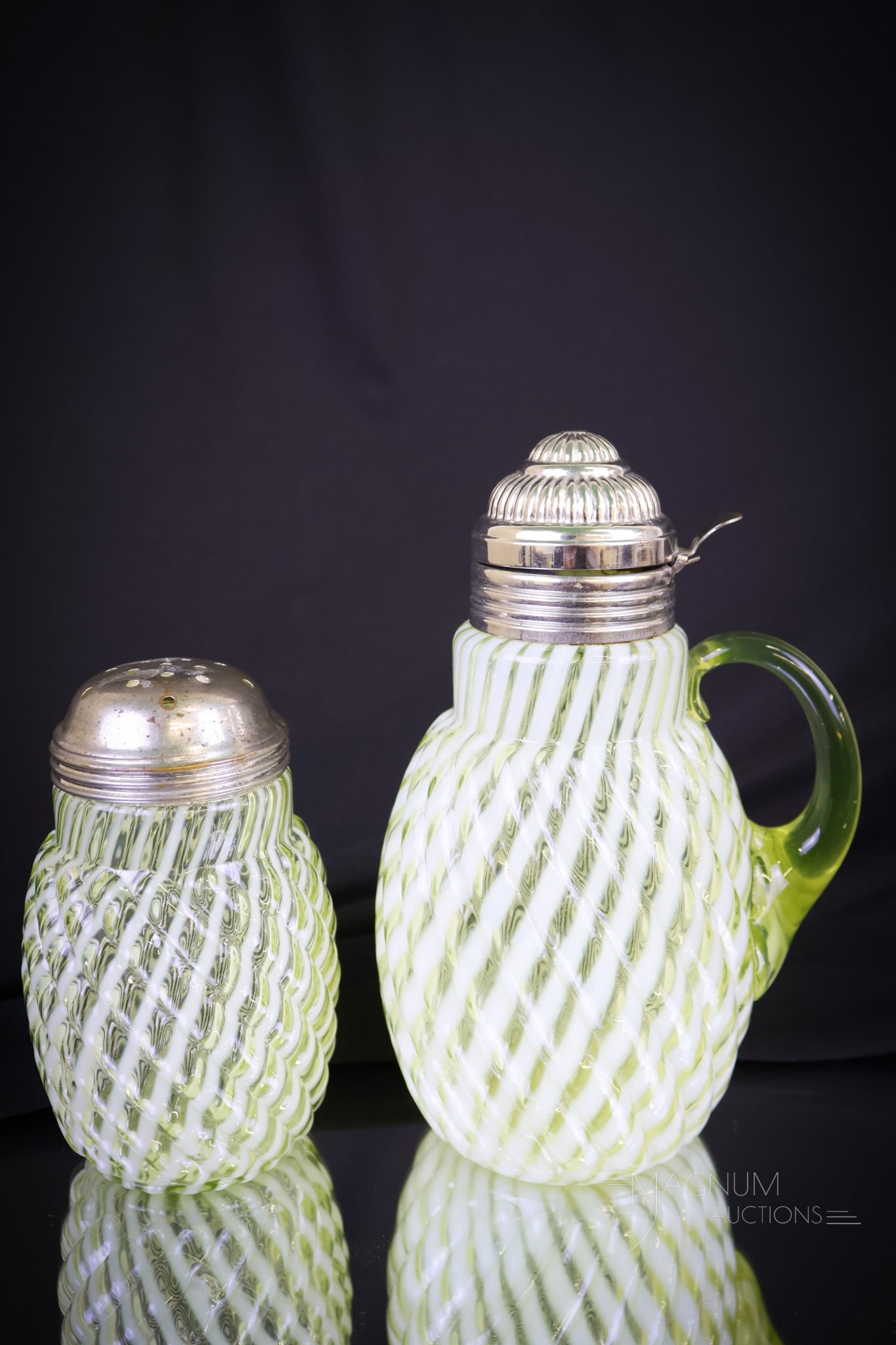 2 pc Lot Vaseline Opalescent Victorian Glass Reverse Swirl Syrup & Sugar Shaker (1 of 10)