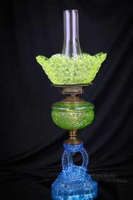 Victorian Vaseline & Blue Daisy & Button Glass Cathedral Oil Lamp