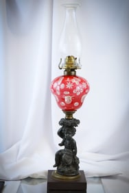 Victorian Figural Cut Overlay Glass Oil Lamp