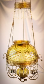 Hobbs Victorian Amber Hobnail Hanging Parlor Oil Lamp