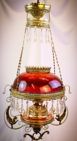 Rare New England Victorian Diamond Quilt Amberina Hanging Parlor Oil Lamp