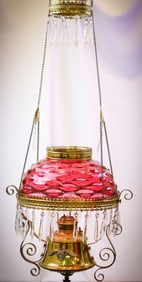 Cranberry Victorian Glass Bulls-Eye Hanging Parlor Oil Lamp