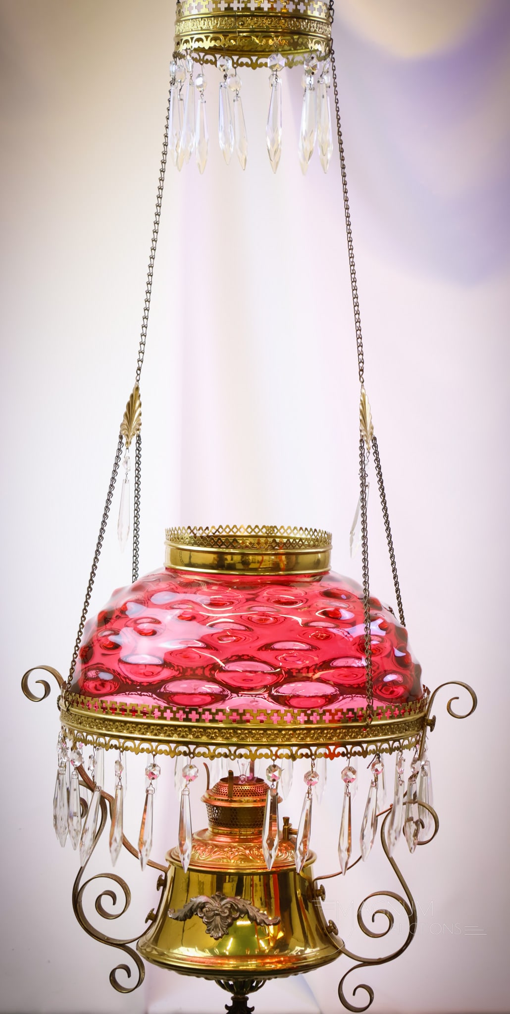 Cranberry Victorian Glass Bulls-Eye Hanging Parlor Oil Lamp (1 of 18)