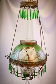 Rare Triple Owl Hanging Parlor Victorian Glass Oil Lamp