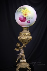 Victorian Figural Cherub Banquet Roses Hand Painted Lamp