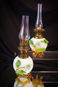 Pair Stevens & Williams Victorian Miniature Applied Uranium Glass Oil Lamps