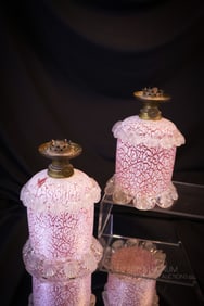 Pair Victorian Arabesque Applied Glass Miniature Oil Lamps