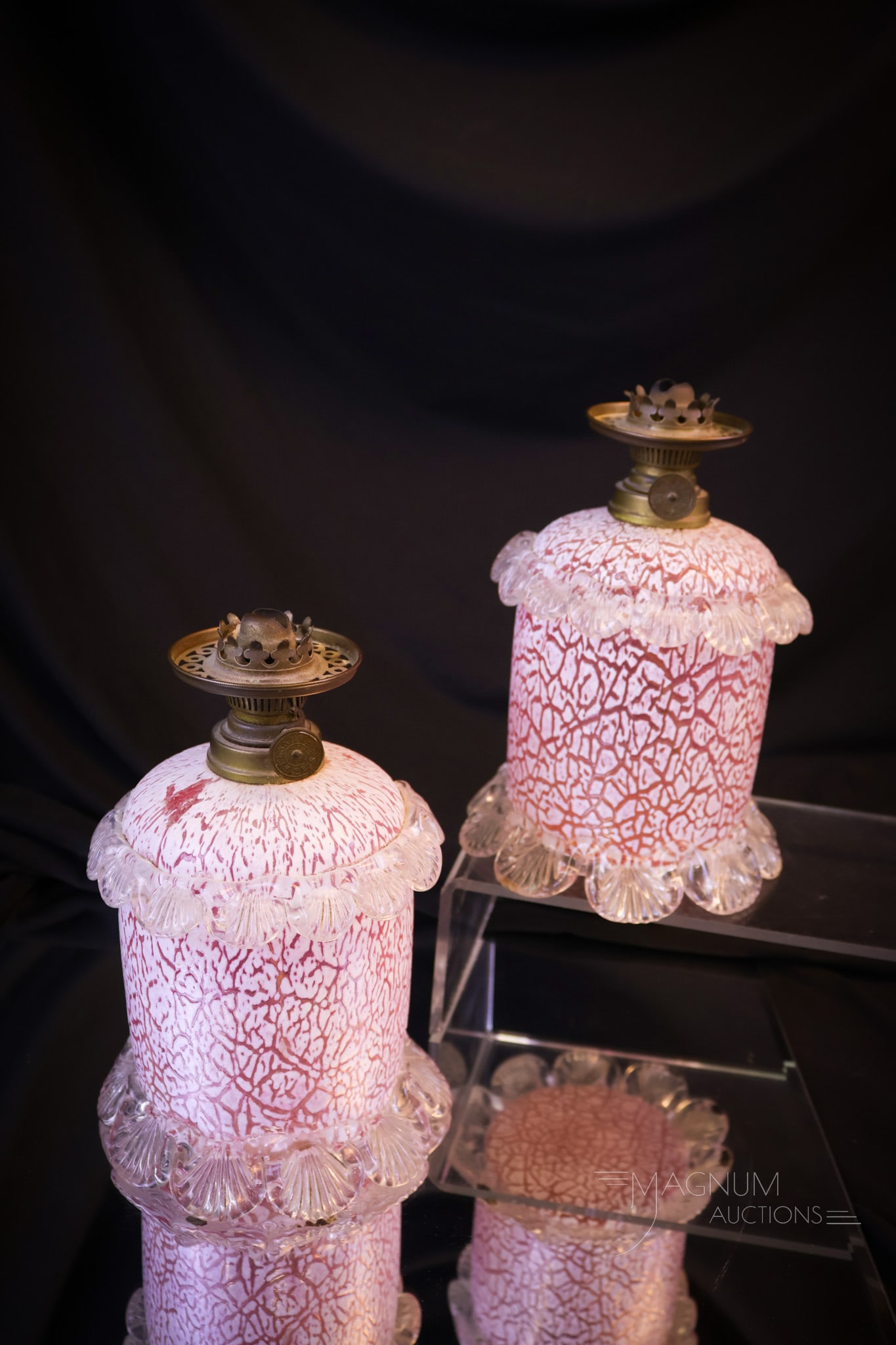 Pair Victorian Arabesque Applied Glass Miniature Oil Lamps: A wonderful find in a pair of Arabesque overlay glass in pink and white. Each lamp has applied shell feet. Each lamp measures 5"" tall and 4 1/4"" wide. Shipping: At checkout, select ""Arrange your ow