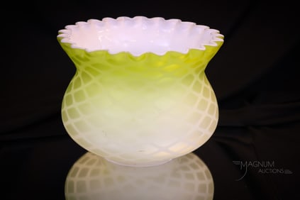 Yellow Satin Victorian Mother of Pearl Oil Lamp Diamond Quilt Glass Shade