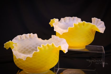 Pair of Victorian Golden Satin Mother of Pearl Glass Oil Lamp Shades