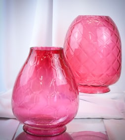 2 pc Lot Cranberry Victorian Glass Mariner Heater Lamp Shades