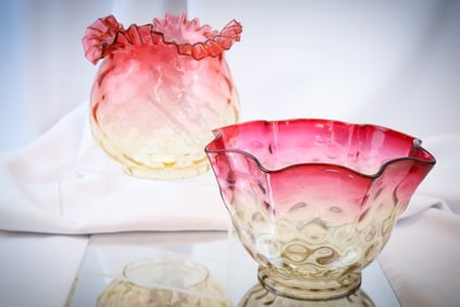 2 pc Lot Victorian Amberina Glass Oil Lamp Shades