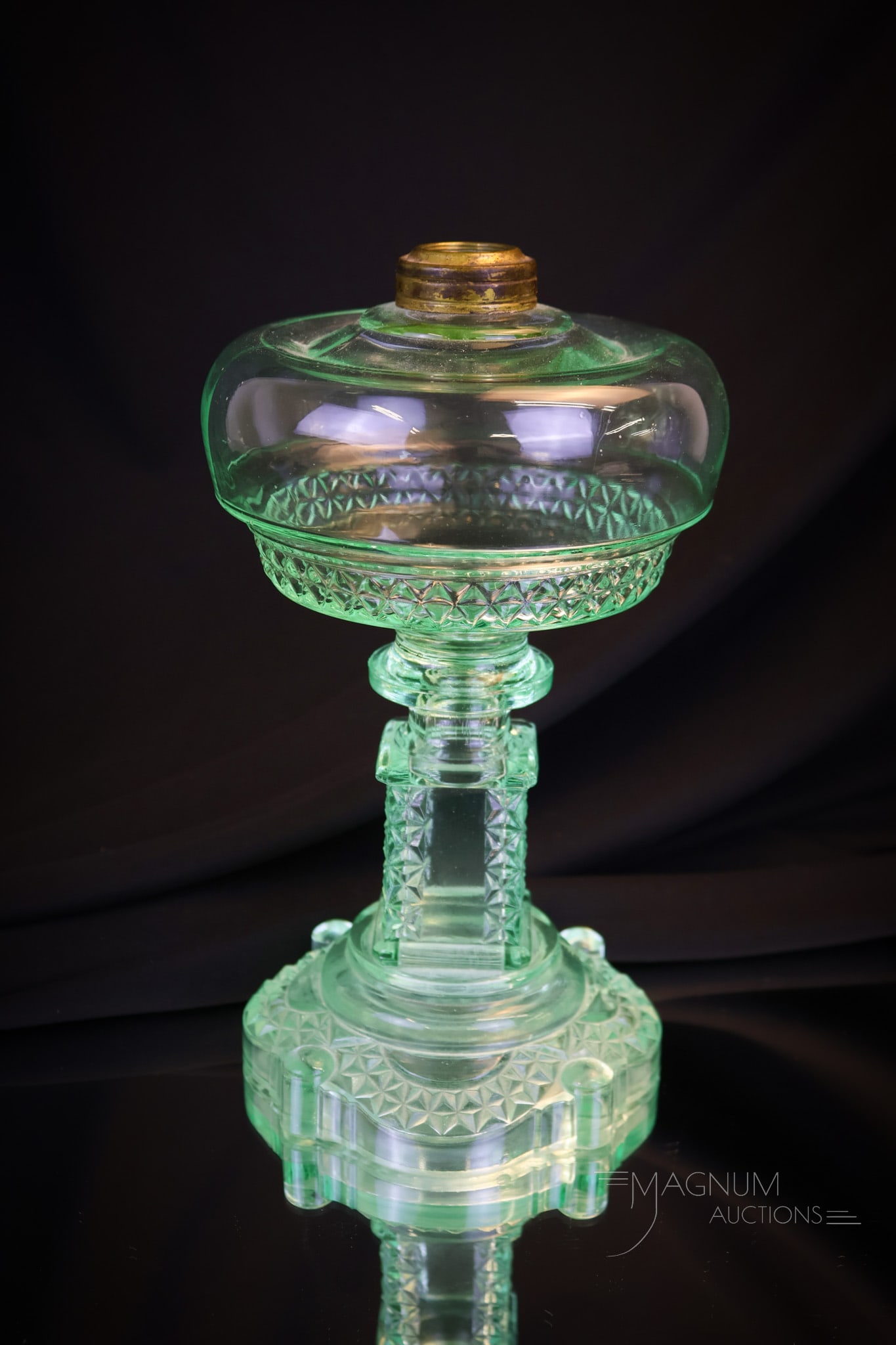 Adams Aquarius Apple Green Uranium Victorian Glass Oil Lamp: Such a nice find! This lamp is by Adams and is in the Aquarius pattern. This fine example is made in uranium-rich apple green glass. The lamp measures 9"" tall and 5 1/4"" wide. Shipping: At checkout,