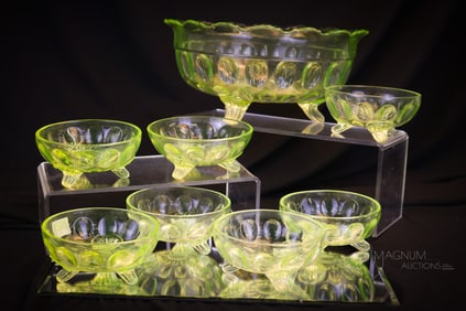 8 pc Lot Orion Thumbprint Canton Victorian Glass Vaseline Berry Set