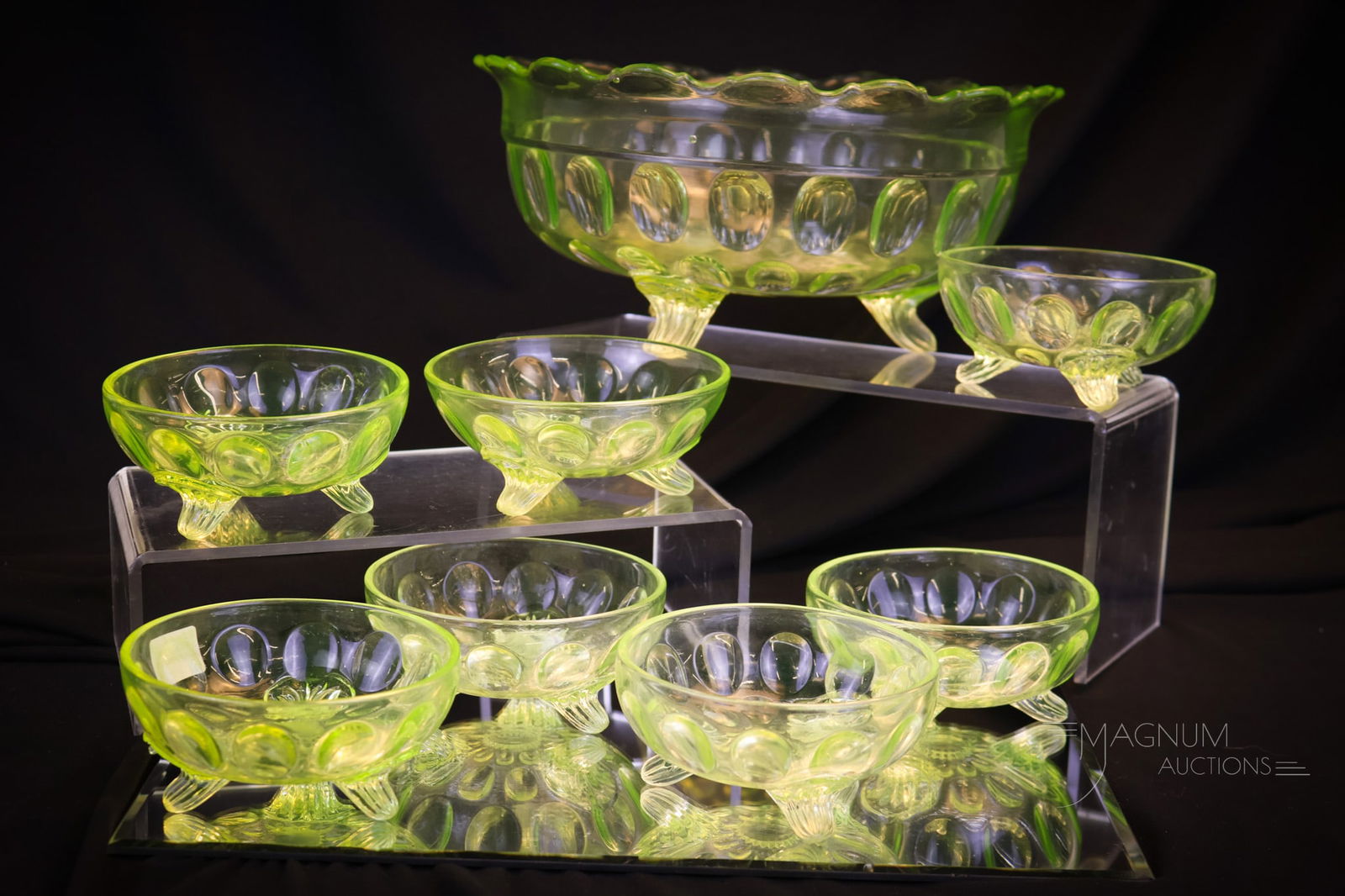 8 pc Lot Orion Thumbprint Canton Victorian Glass Vaseline Berry Set (1 of 9)