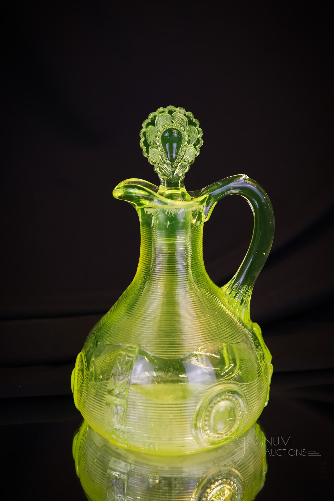 Greetown Victorian Glass Vaseline Dewey Cruet: A select find in vaseline glass. This cruet was made by Greentown glass. It is in the Dewey pattern. This cruet retains the original stopper. The cruet measures 6"" tall. Shipping: At checkout, select