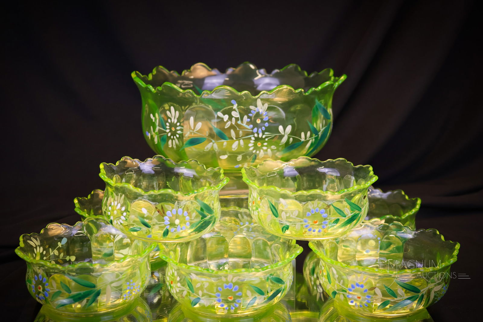 9 pc Beaumont Vaseline Inside Rib Victorian Enameled Berry Set (1 of 13)