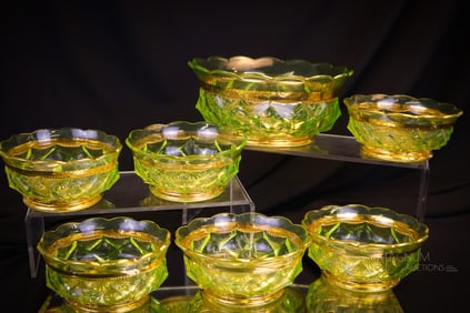 7 pc Lot Victorian Vaseline Glass Beaumont Columbia Berry Set