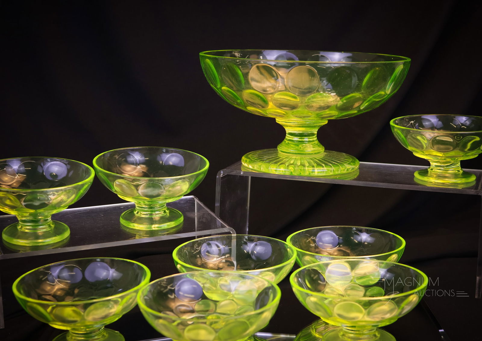 9 pc Set Bryce Glass Vaseline Inverted Thumbprint Pedestal Berry (1 of 10)