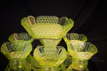 7 pc Victorian Vaseline Glass Daisy & Button with Mirrors Berry Set