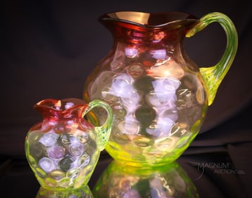 2pc Lot Duncan Victorian Glass Cranberry Vaseline Pitchers