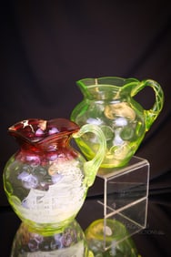 2 pc Lot Duncan Cranberry Vaseline Pitcher Hand Painted & More