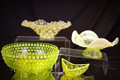 4 pc Lot Victorian Vaseline Opalescent Glass