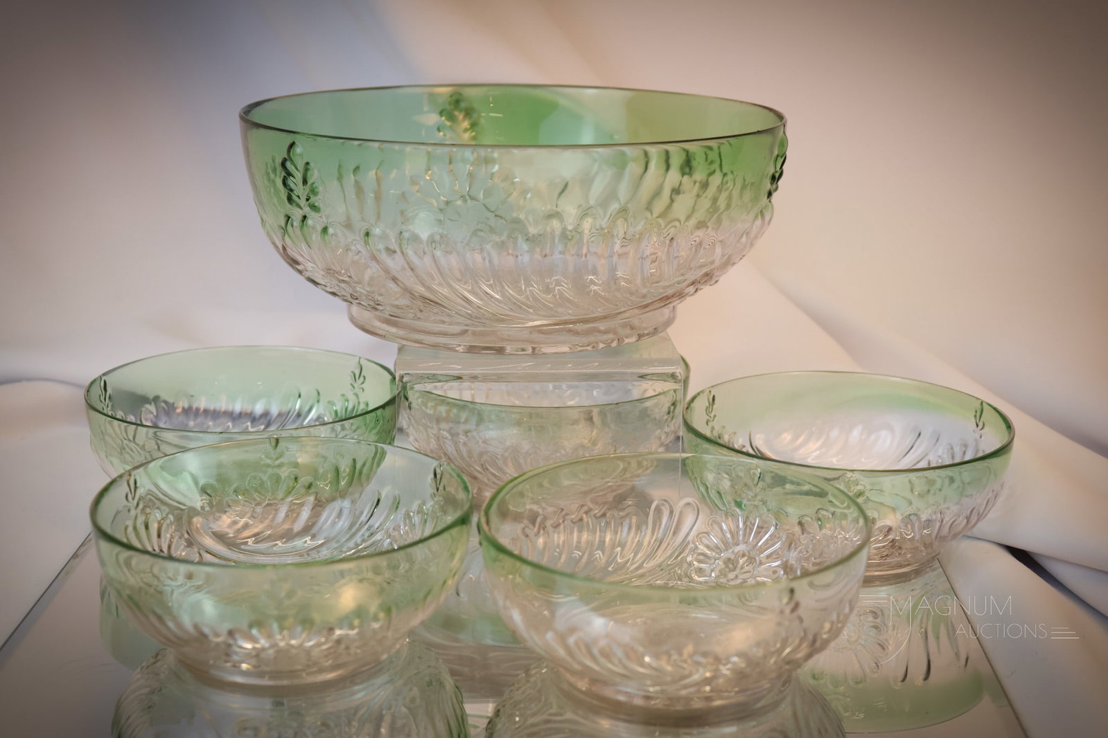 6 pc Victorian West Virginia Glass Co. Medallion Sprig Berry Set: Another scarce find in Victorian glass. This set is by West Virginia Glass Co. It's the Medallion Sprig pattern in green shaded to clear. The set is made up of a master berry bowl and five individual 