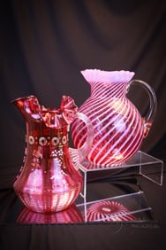 2 pc Lot Northwood Victorian Glass Cranberry Pitchers