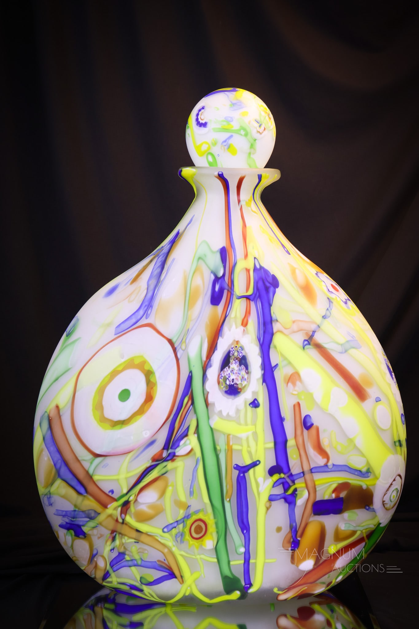 Monumental 20" Italian Murano Millefiori Satin Art Glass Decanter: A fantastic find in Italian Murano Millefiori art glass. This decanter measures a whopping 20"" tall. It is complete with its original matching millefiori stopper. A way more than impressive piece. Sh