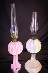 2 pc Lot Italian Murano Latticino Art Glass Oil Lamps
