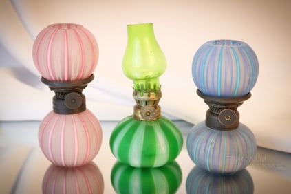 3 pc Lot Italian Murano latticino Art Glass Mini Miniature Oil Lamps