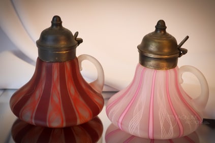 2 pc Lot Italian Murano Latticino Art Glass Syrup Pitchers