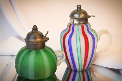 2 pc Lot Italian Murano Latticino Art Glass Syrup Pitchers