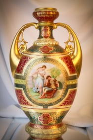 18" Royal Vienna Beehive Mark Austrian Porcelain Gilt Handled Vase