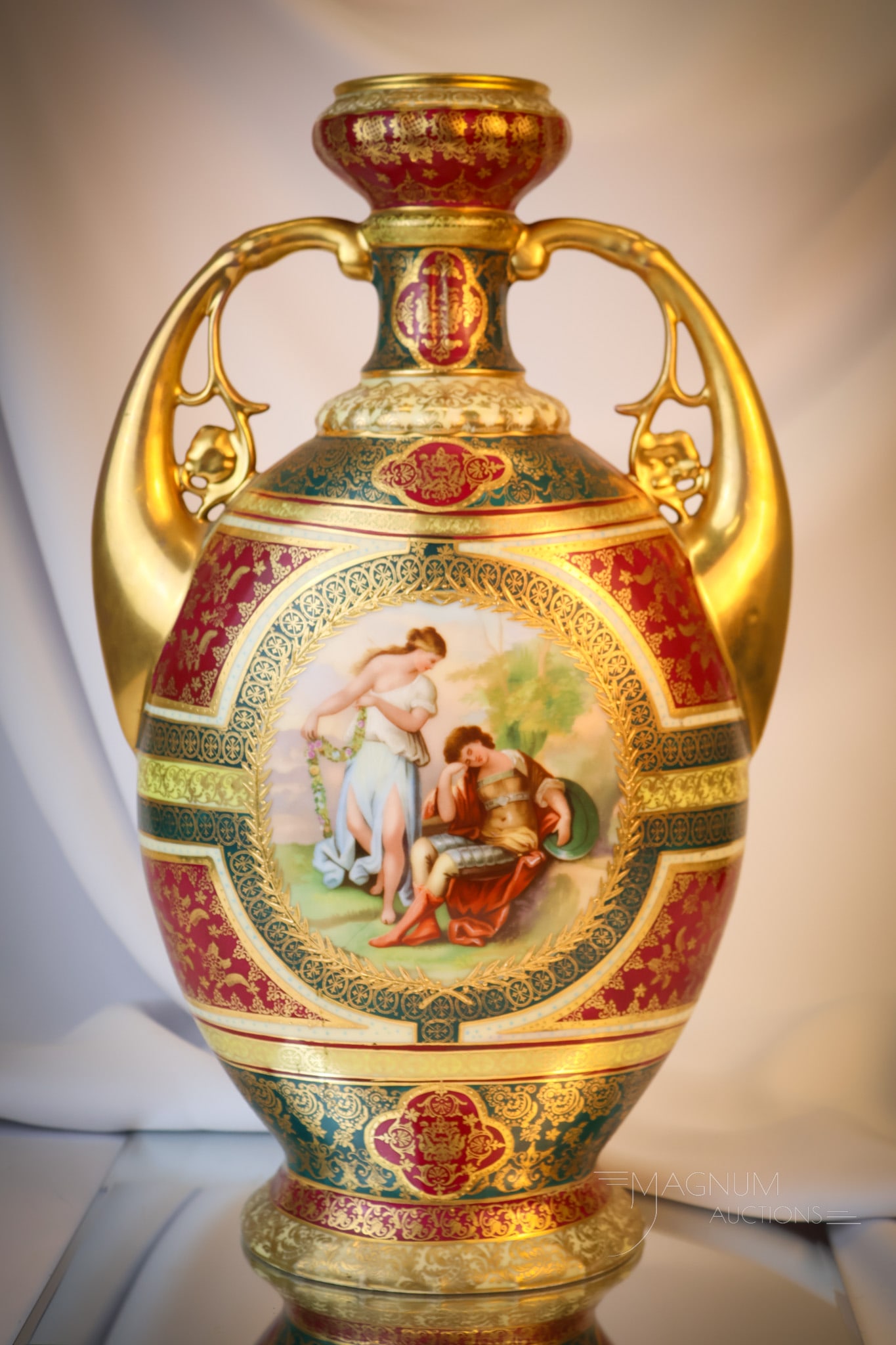 18" Royal Vienna Beehive Mark Austrian Porcelain Gilt Handled Vase (1 of 7)