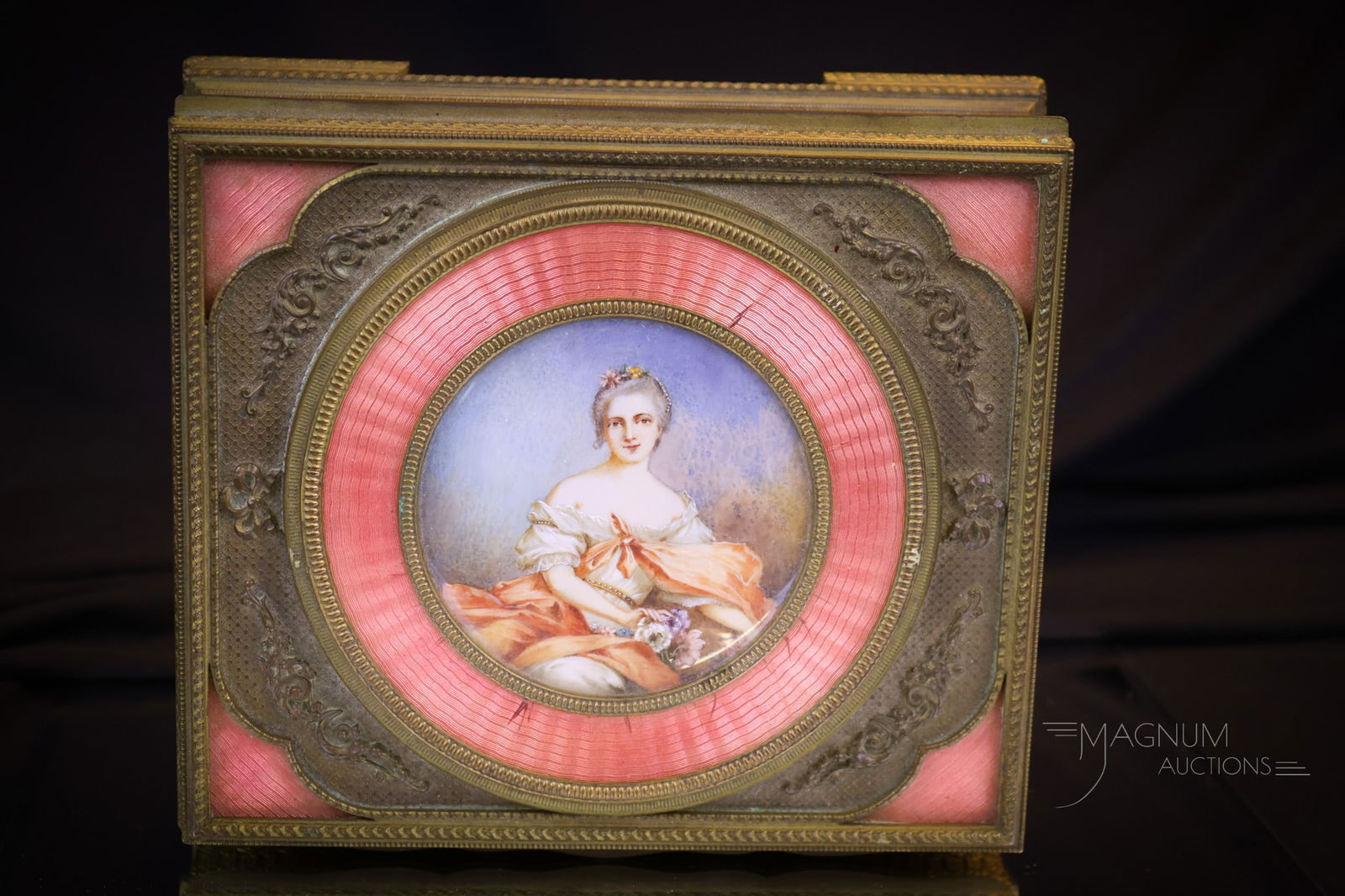 French Gilt Bronze Guilloche Portrait Dresser Box: This is a very attractive French gilt bronze with Guilloche decoration and portrait dresser box. This box retians the original key and also is lined on the interior. The box measures 3 1/4"" tall and