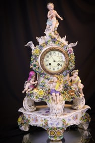 Monumental 23" Sitzendorf Figural Cherub Applied German Porcelain Clock