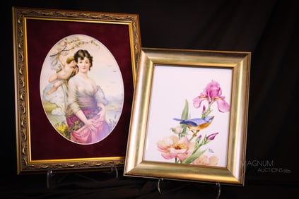2 pc Lot Framed Artist Signed Porcelain Plaques Gilbert Metenier & More