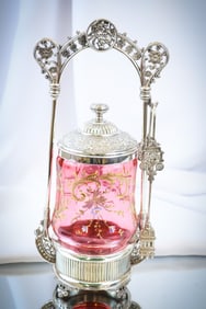 Webster Silverplate Victorian Cranberry Enameled Gilt Pickle Castor