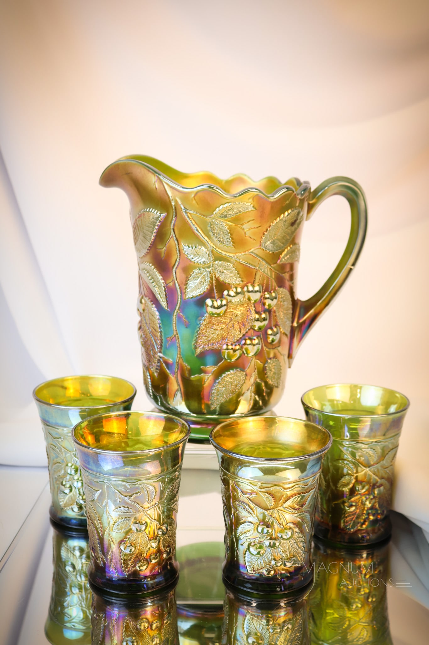 5 pc Millersburg Hanging Cherry Green Carnival Glass  Water Set (1 of 10)