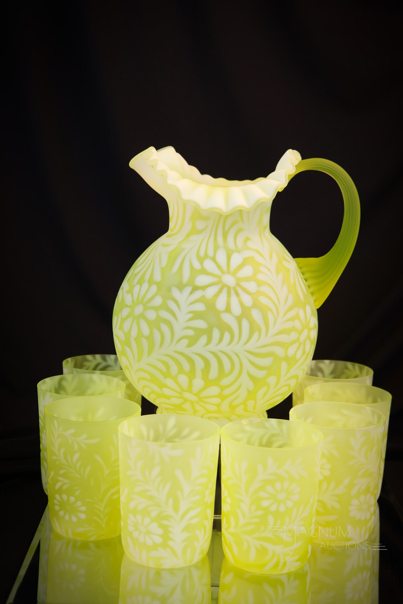 9 pc Fenton L.G. Wright Vaseline Opalescent Topaz Satin Water Set (1 of 11)