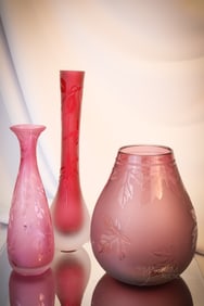 3 pc Lot Pilgrim Glass Kelsey Murphy Cameo Glass Vases