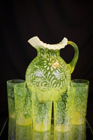 7 pc Fenton L.G. Wright Vaseline Opalescent Topaz Rare Lemonade Set