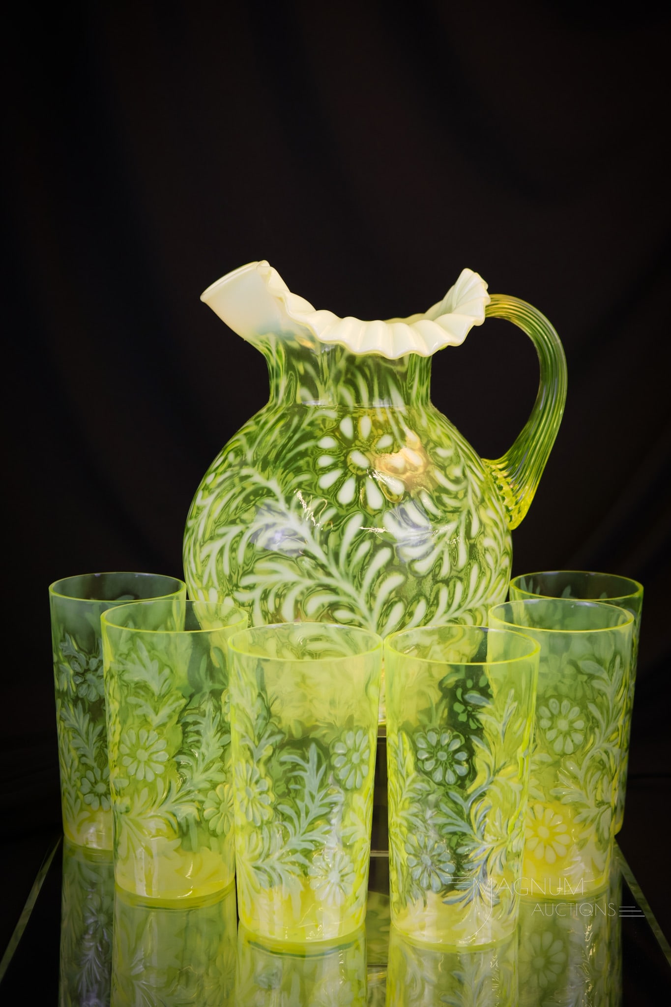 7 pc Fenton L.G. Wright Vaseline Opalescent Topaz Rare Lemonade Set (1 of 9)