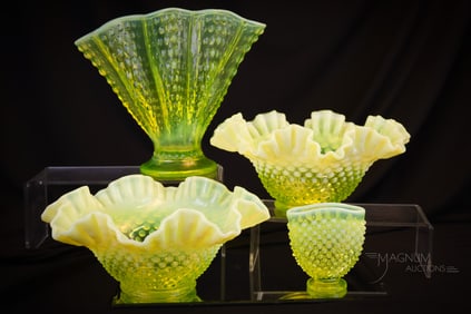 4 pc Lot Fenton Vaseline Opalescent Hobnail Glass Topaz Bowls & Vases