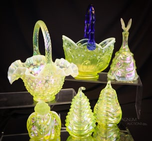 6 pc Lot Fenton Vaseline Opalescent Topaz Goodies